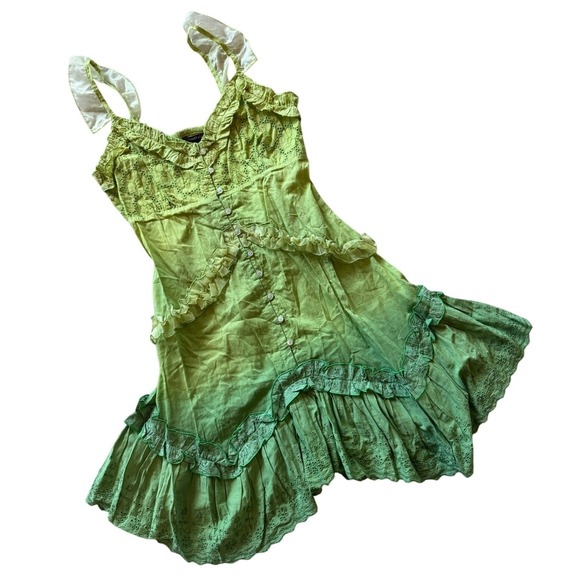 Chaudry Ombre Ruffle Lace Mini Dress Women S Green Fairycore Boho Deadstock NWT - Picture 9 of 16